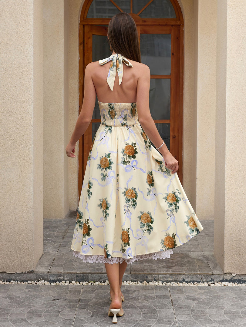 Deep V-Neck Halter Lace Spliced Floral Dress | Wedding Guest Dress, Vacation Dress