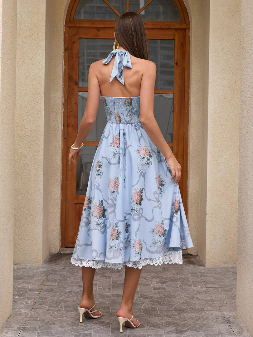 Deep V-Neck Halter Lace Spliced Floral Dress | Wedding Guest Dress, Vacation Dress