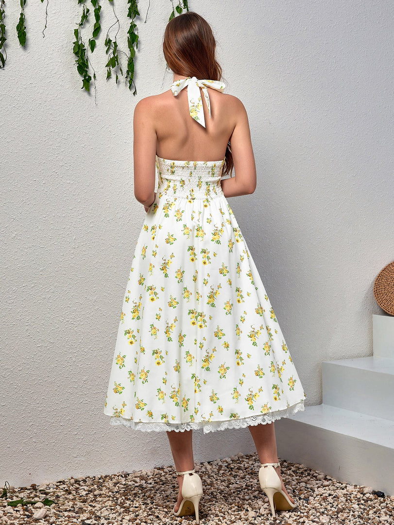 Deep V-Neck Halter Lace Spliced Floral Dress | Wedding Guest Dress, Vacation Dress