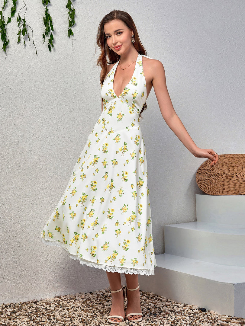 Deep V-Neck Halter Lace Spliced Floral Dress | Wedding Guest Dress, Vacation Dress