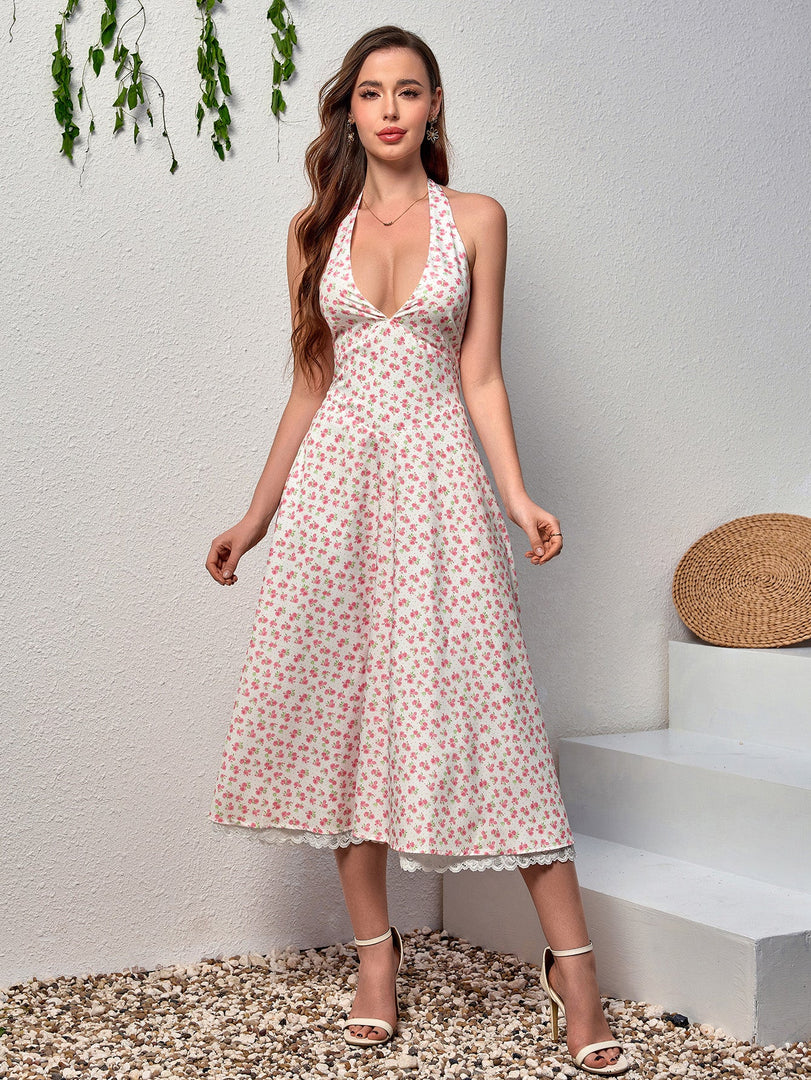 Deep V-Neck Halter Lace Spliced Floral Dress | Wedding Guest Dress, Vacation Dress