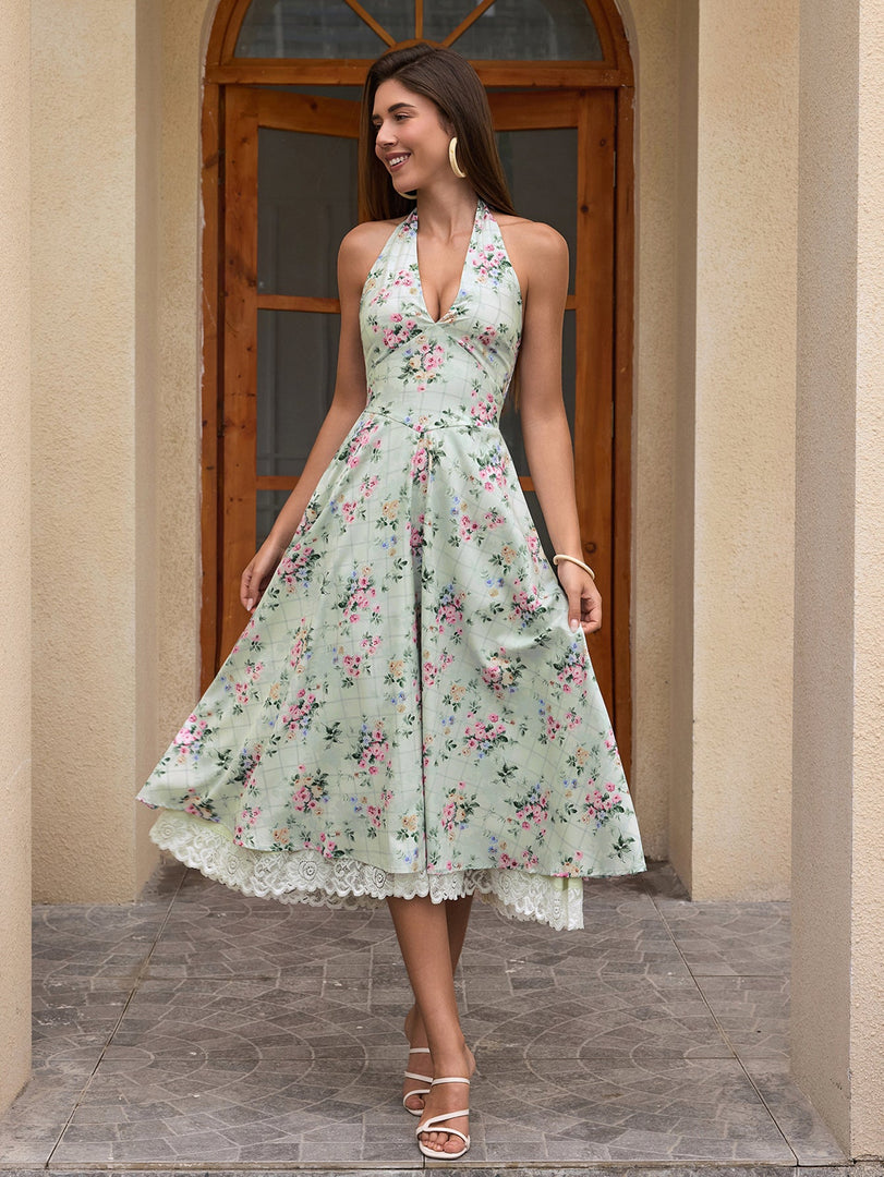 Deep V-Neck Halter Lace Spliced Floral Dress | Wedding Guest Dress, Vacation Dress