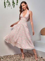 Deep V-Neck Halter Lace Spliced Floral Dress | Wedding Guest Dress, Vacation Dress