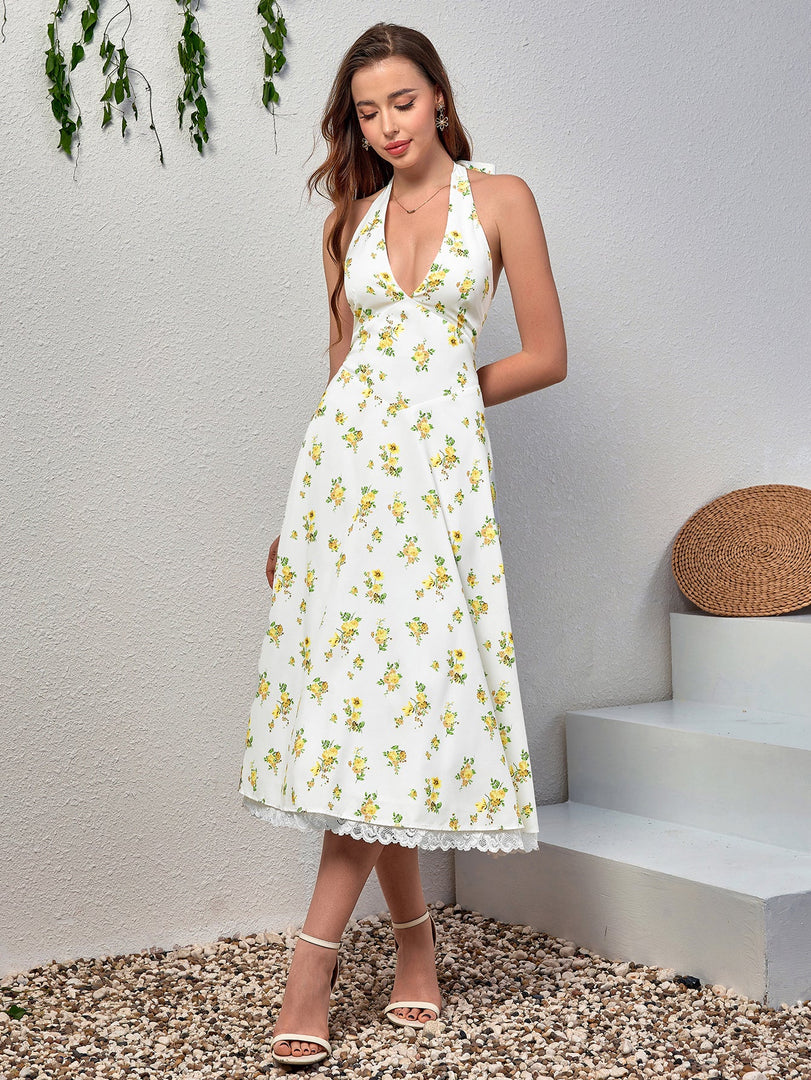 Deep V-Neck Halter Lace Spliced Floral Dress | Wedding Guest Dress, Vacation Dress