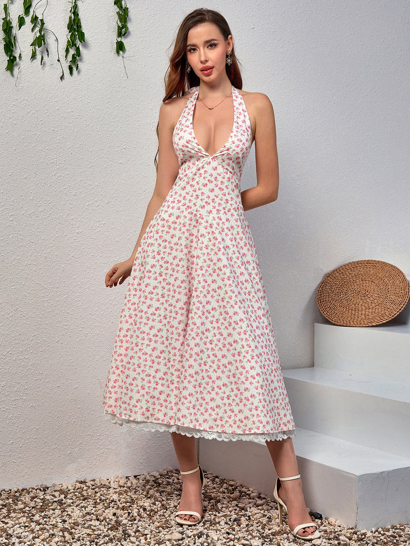 Deep V-Neck Halter Lace Spliced Floral Dress | Wedding Guest Dress, Vacation Dress