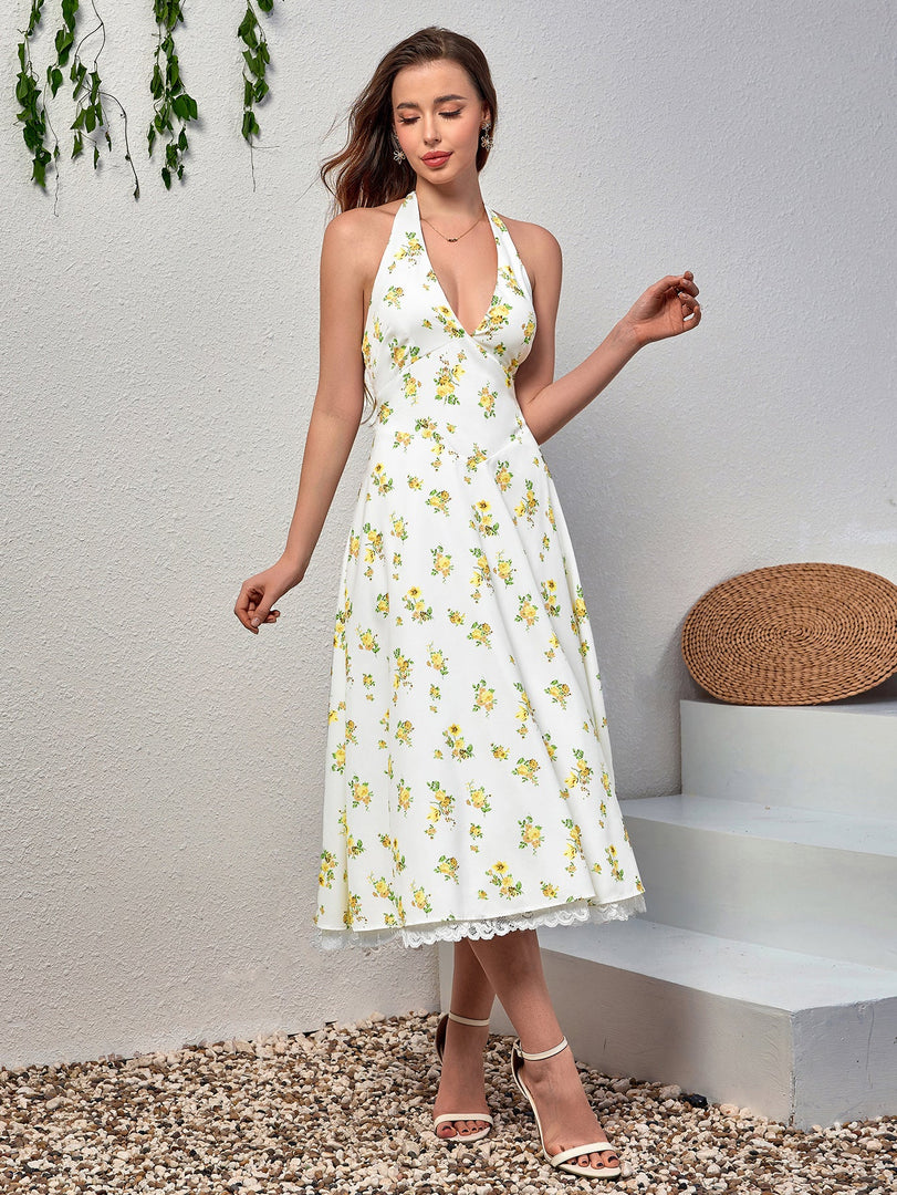 Deep V-Neck Halter Lace Spliced Floral Dress | Wedding Guest Dress, Vacation Dress