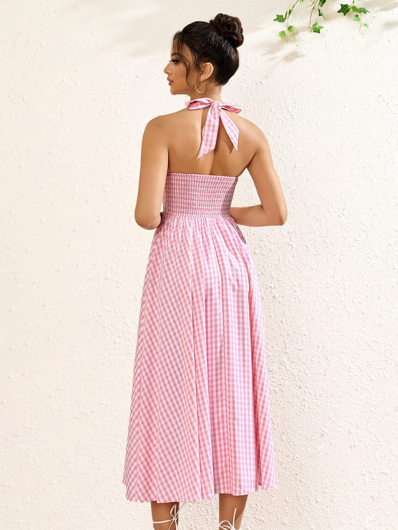 Deep V-Neck Halter Plaid Print Dress | Wedding Guest Dress, Vacation Dress