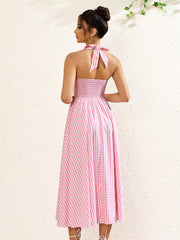Deep V-Neck Halter Plaid Print Dress | Wedding Guest Dress, Vacation Dress