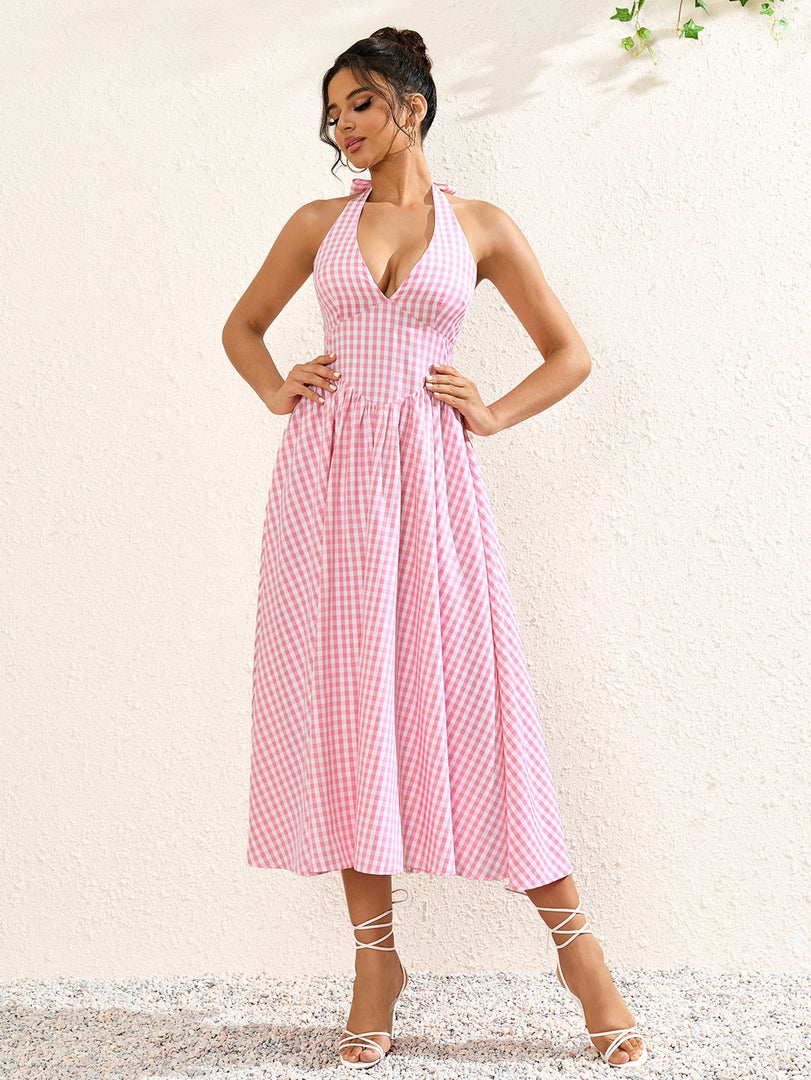 Deep V-Neck Halter Plaid Print Dress | Wedding Guest Dress, Vacation Dress
