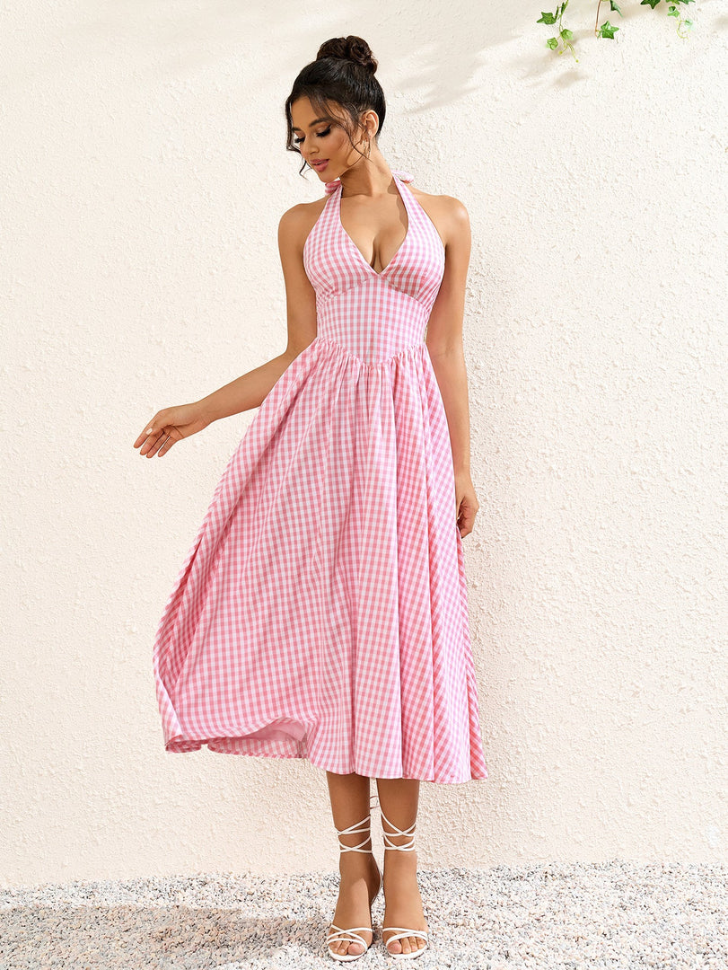 Deep V-Neck Halter Plaid Print Dress | Wedding Guest Dress, Vacation Dress