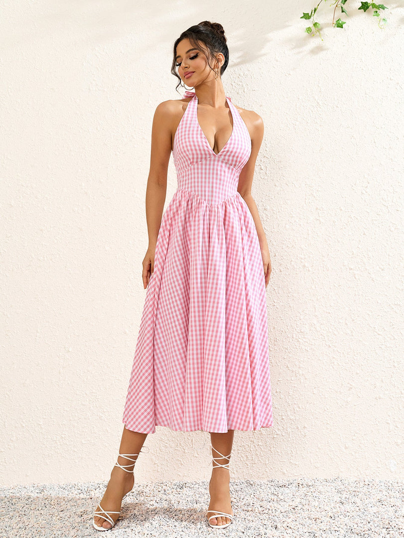 Deep V-Neck Halter Plaid Print Dress | Wedding Guest Dress, Vacation Dress
