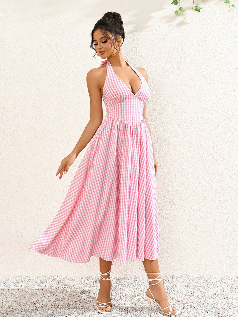 Deep V-Neck Halter Plaid Print Dress | Wedding Guest Dress, Vacation Dress