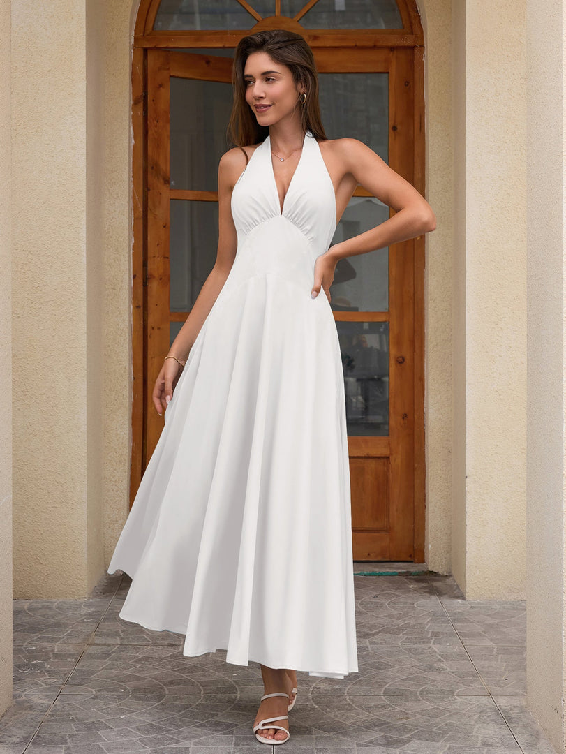 Deep V-Neck Halter Ruched Back Solid Dress | Bridesmaid Dress