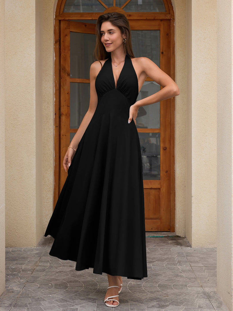 Deep V-Neck Halter Ruched Back Solid Dress | Bridesmaid Dress
