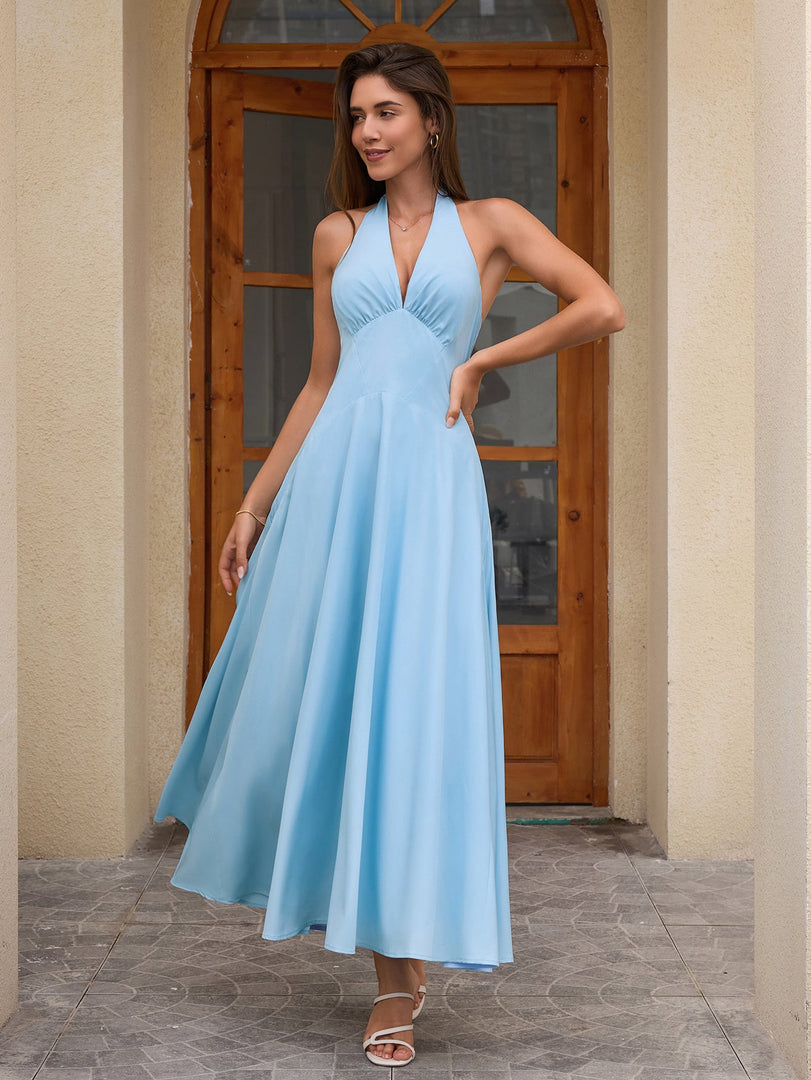Deep V-Neck Halter Ruched Back Solid Dress | Bridesmaid Dress