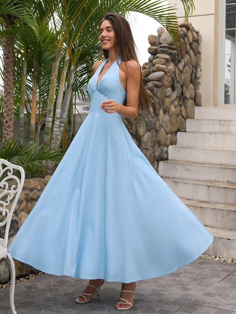 Deep V-Neck Halter Ruched Back Solid Dress | Bridesmaid Dress
