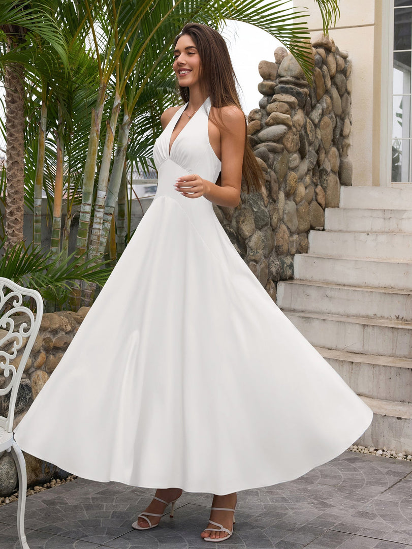 Deep V-Neck Halter Ruched Back Solid Dress | Bridesmaid Dress