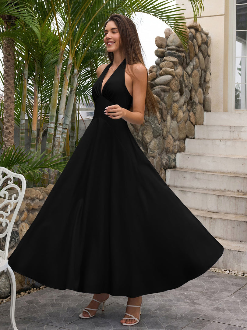 Deep V-Neck Halter Ruched Back Solid Dress | Bridesmaid Dress