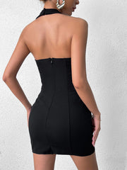 Deep V-Neck Halter Zipper Back Dress | Wedding Guest Dress
