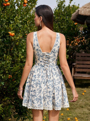 Deep V-Neck Lace Trim Crisscross Floral Print Dress | Wedding Guest Dress, Vacation Dress