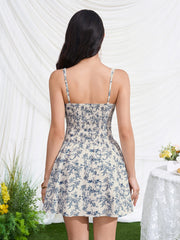 Deep V-Neck Lace Trim Floral Print Mini Dress | Wedding Guest Dress, Vacation Dress
