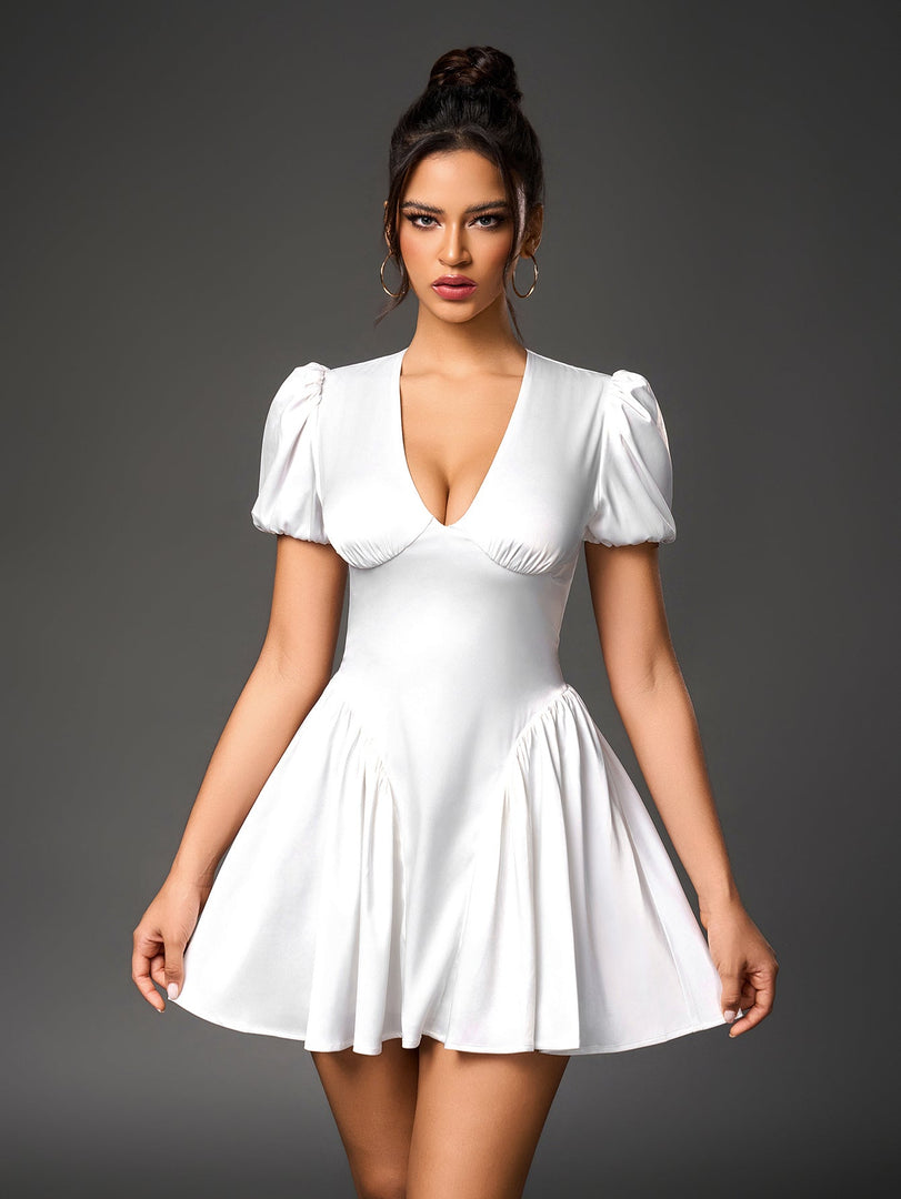 Deep V-Neck Puff Sleeve Pleated Satin Dress | Formal Dress