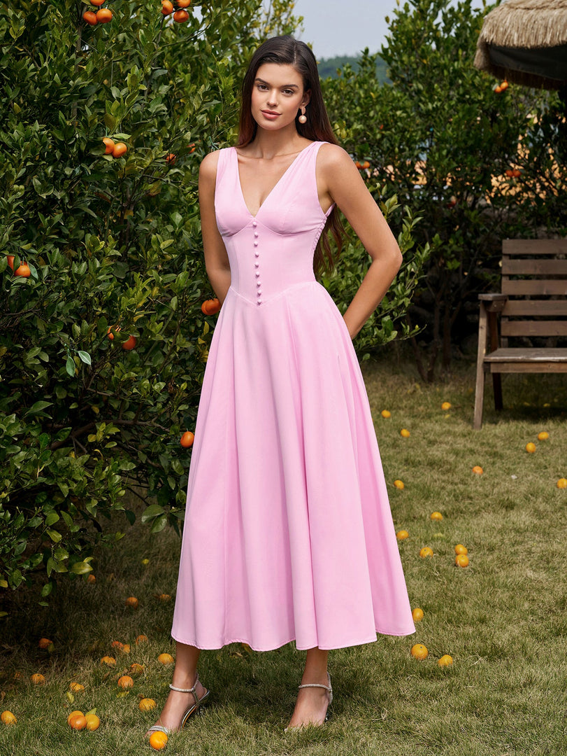 Deep V-Neck Ruched Embellished Button Maxi Dress | Prom Dress, Formal Dress