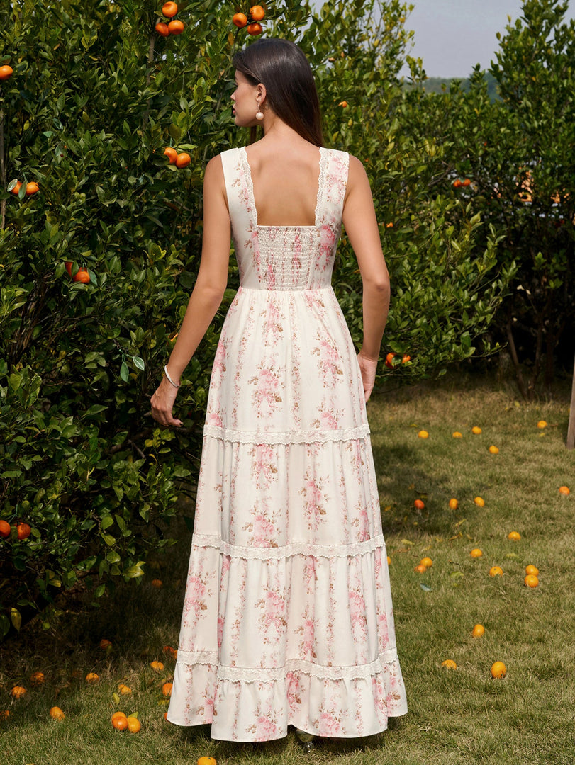 Deep V-Neck Ruched Lace Trim Floral Print Dress | Wedding Guest Dress, Vacation Dress