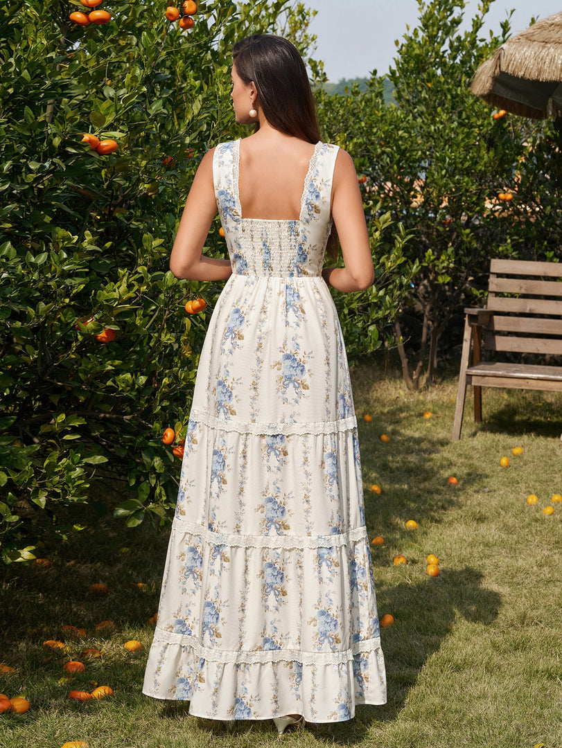 Deep V-Neck Ruched Lace Trim Floral Print Dress | Wedding Guest Dress, Vacation Dress