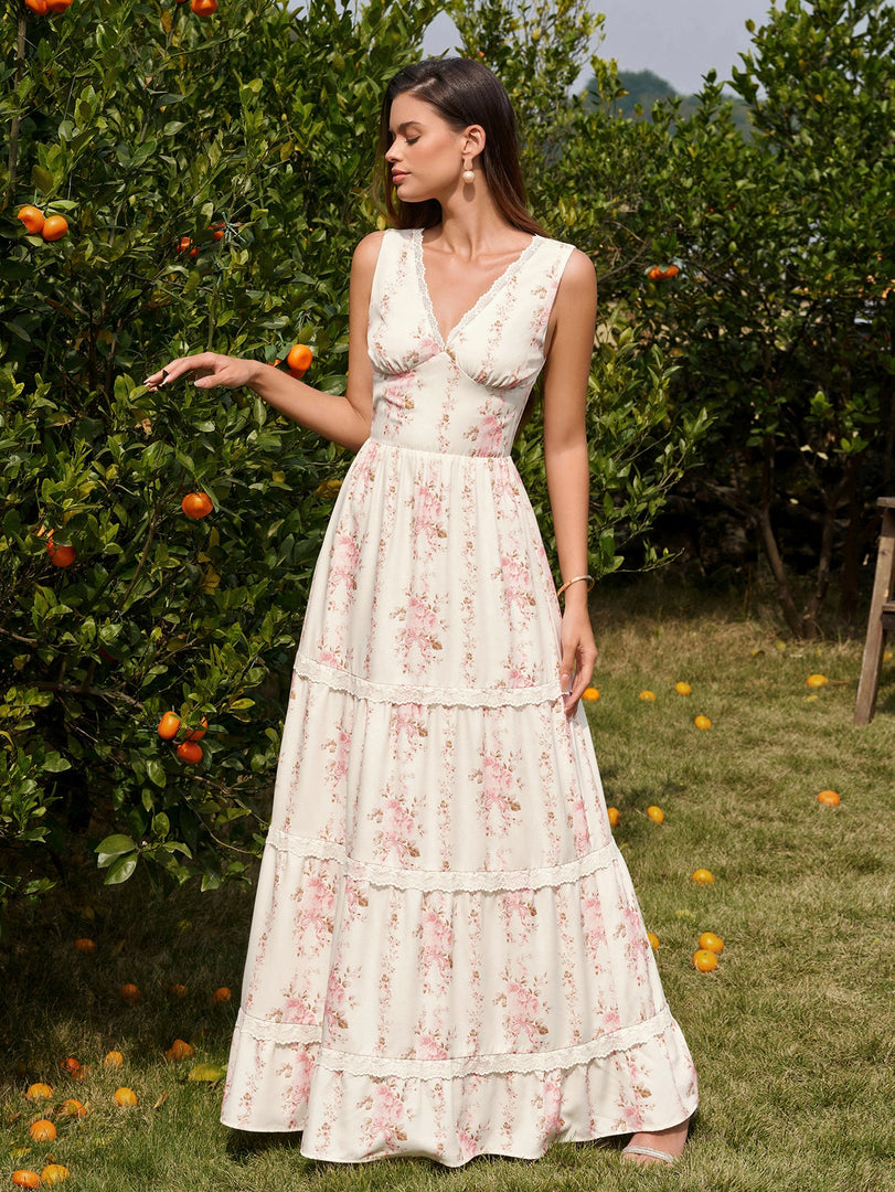 Deep V-Neck Ruched Lace Trim Floral Print Dress | Wedding Guest Dress, Vacation Dress