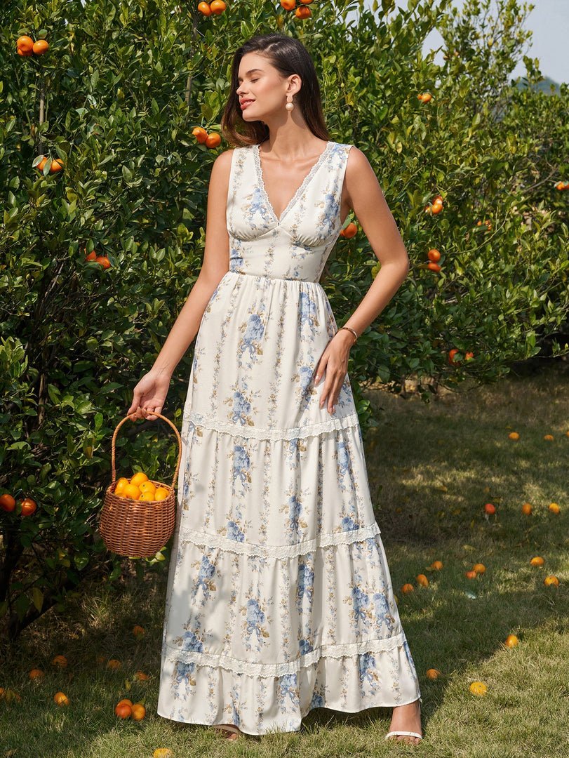 Deep V-Neck Ruched Lace Trim Floral Print Dress | Wedding Guest Dress, Vacation Dress