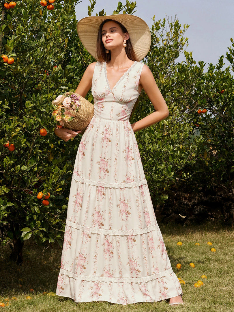 Deep V-Neck Ruched Lace Trim Floral Print Dress | Wedding Guest Dress, Vacation Dress