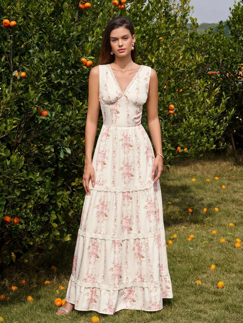 Deep V-Neck Ruched Lace Trim Floral Print Dress | Wedding Guest Dress, Vacation Dress