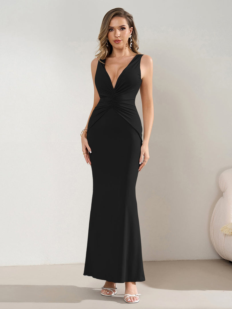 Deep V-Neck Ruched Waist Tie Backless Bodycon Dress | Homecoming Dress, Cocktail Dress