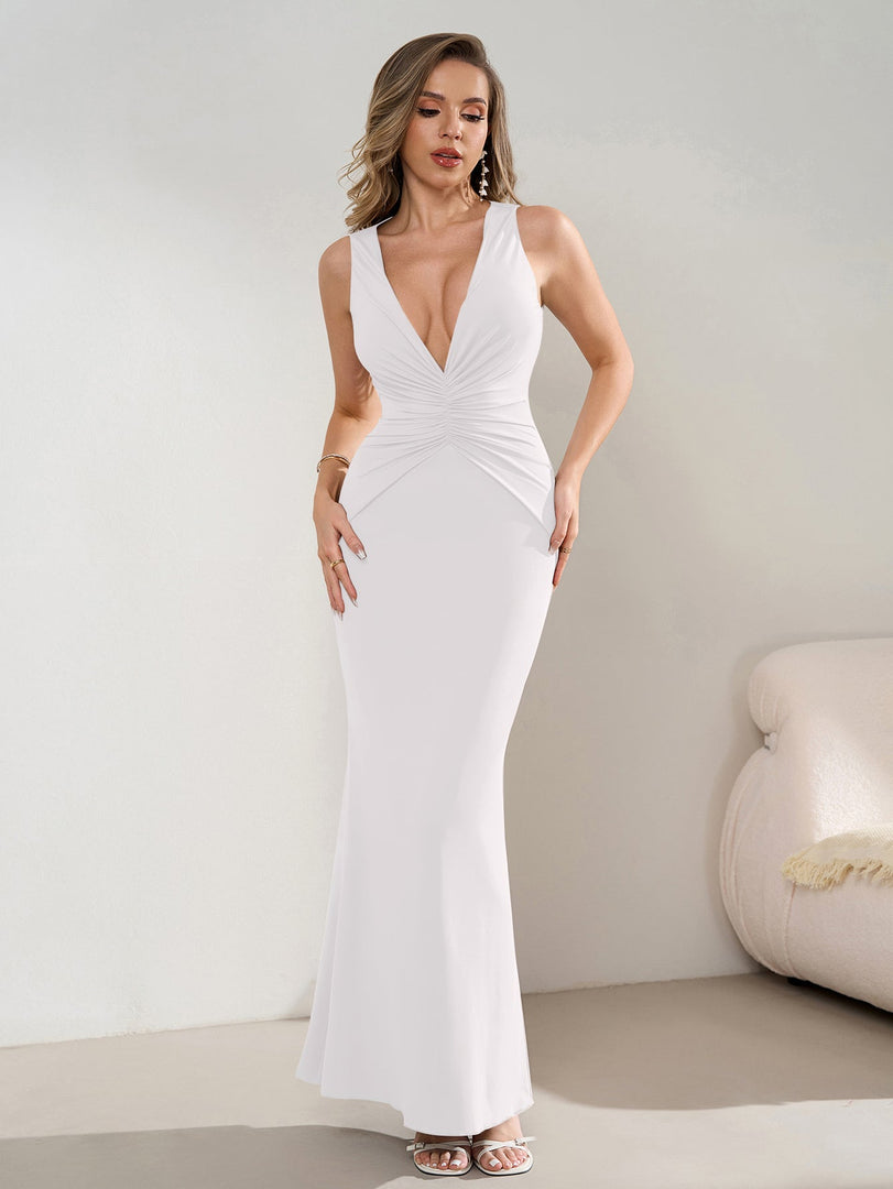 Deep V-Neck Ruched Waist Tie Backless Bodycon Dress | Homecoming Dress, Cocktail Dress
