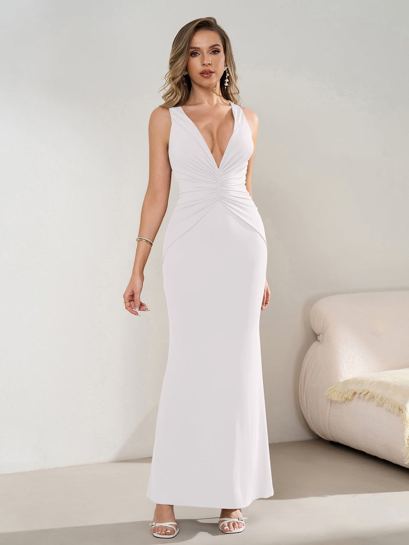 Deep V-Neck Ruched Waist Tie Backless Bodycon Dress | Homecoming Dress, Cocktail Dress