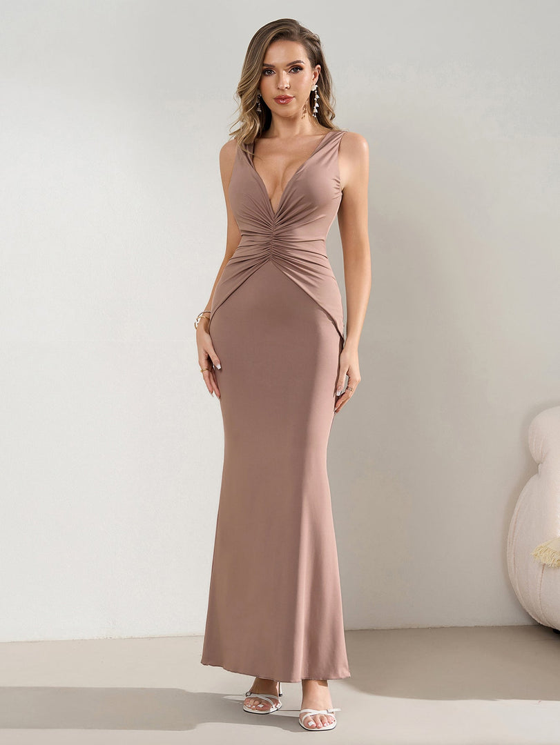 Deep V-Neck Ruched Waist Tie Backless Bodycon Dress | Homecoming Dress, Cocktail Dress