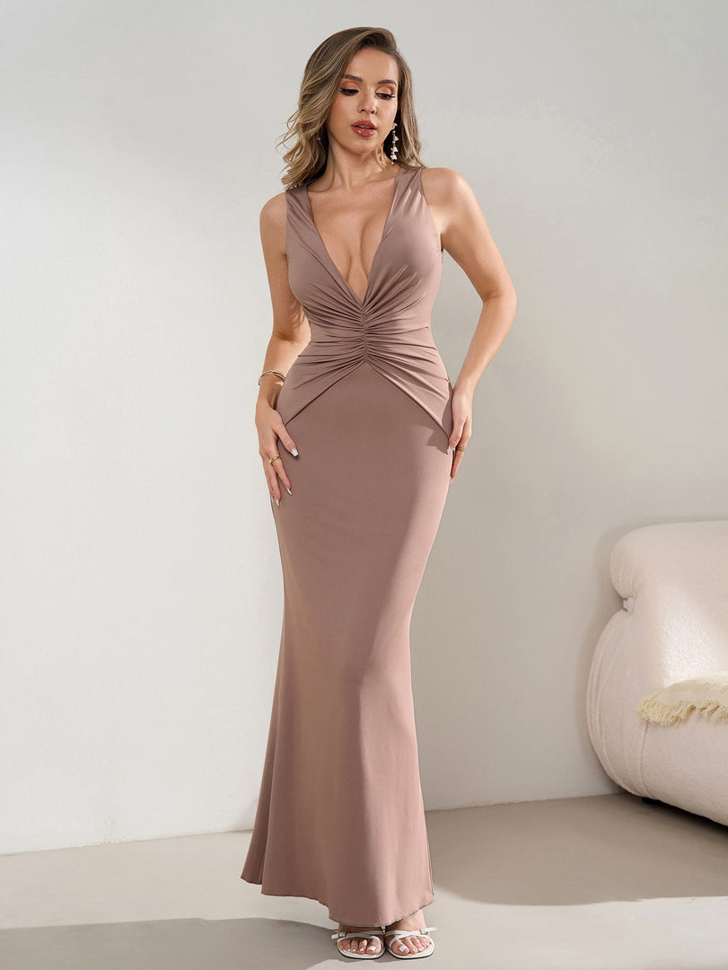 Deep V-Neck Ruched Waist Tie Backless Bodycon Dress | Homecoming Dress, Cocktail Dress