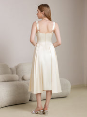 Deep V-Neck Satin Prom Midi Dress | Wedding Guest Dress