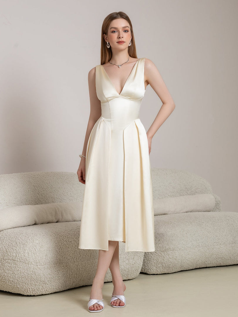 Deep V-Neck Satin Prom Midi Dress | Wedding Guest Dress