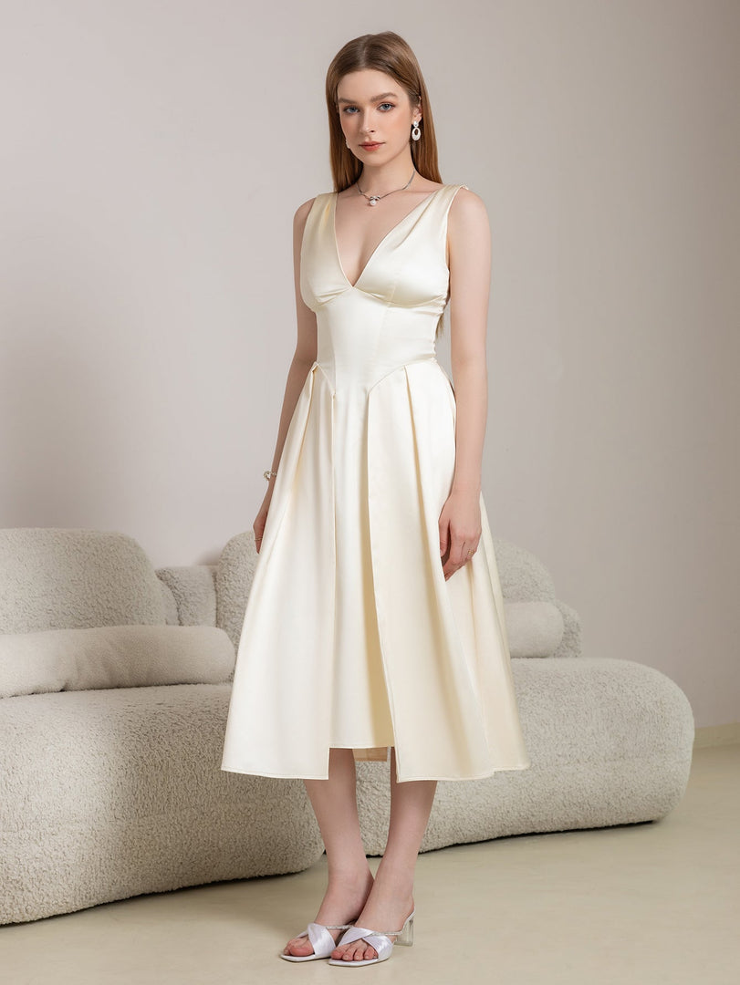 Deep V-Neck Satin Prom Midi Dress | Wedding Guest Dress