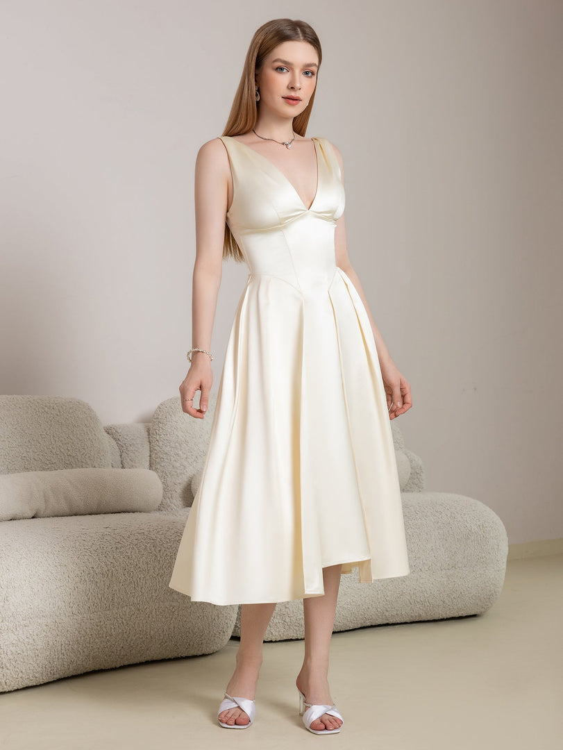 Deep V-Neck Satin Prom Midi Dress | Wedding Guest Dress