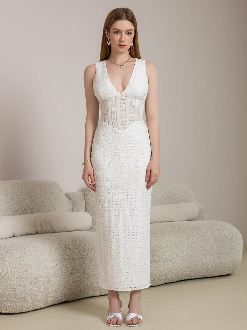 Deep V-Neck Split Thigh Jacquard Lace Dress | Wedding Guest Dress