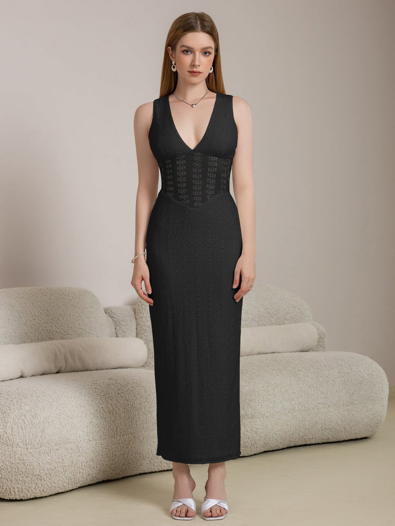 Deep V-Neck Split Thigh Jacquard Lace Dress | Wedding Guest Dress
