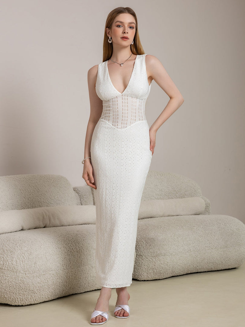 Deep V-Neck Split Thigh Jacquard Lace Dress | Wedding Guest Dress