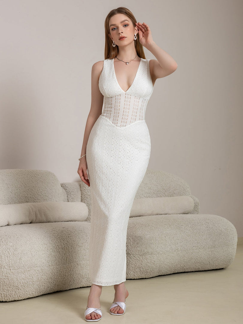 Deep V-Neck Split Thigh Jacquard Lace Dress | Wedding Guest Dress