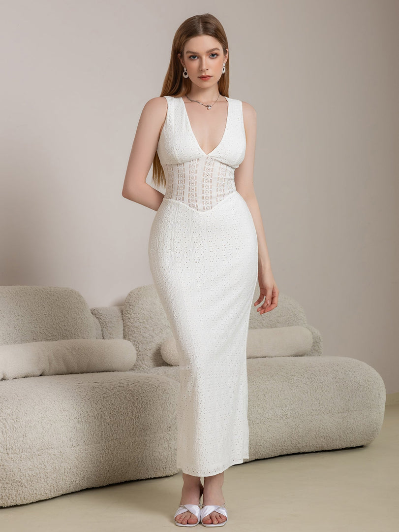 Deep V-Neck Split Thigh Jacquard Lace Dress | Wedding Guest Dress