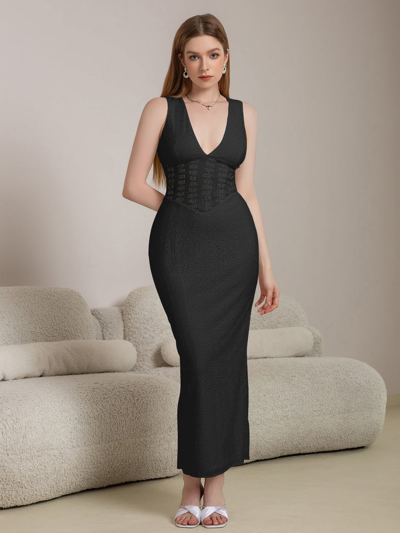 Deep V-Neck Split Thigh Jacquard Lace Dress | Wedding Guest Dress