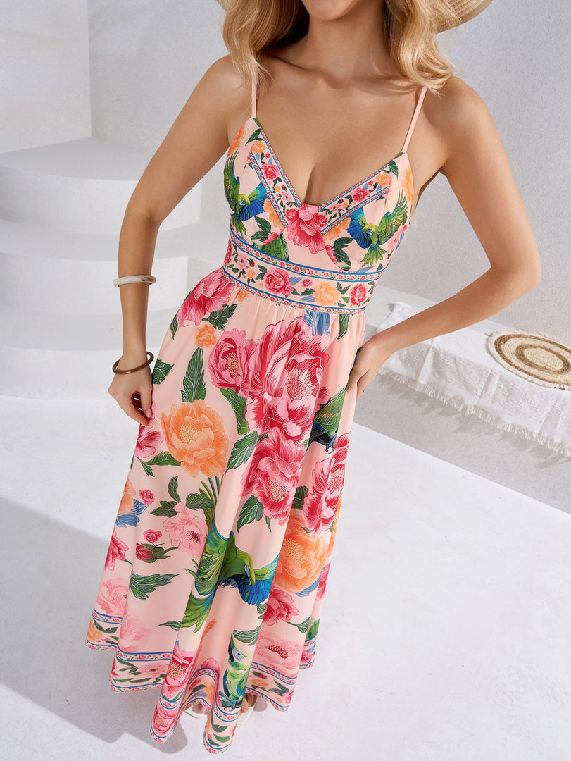 Deep V-Neck Tie Back Floral Print Cami Dress | Vacation Dress, Wedding Guest Dress