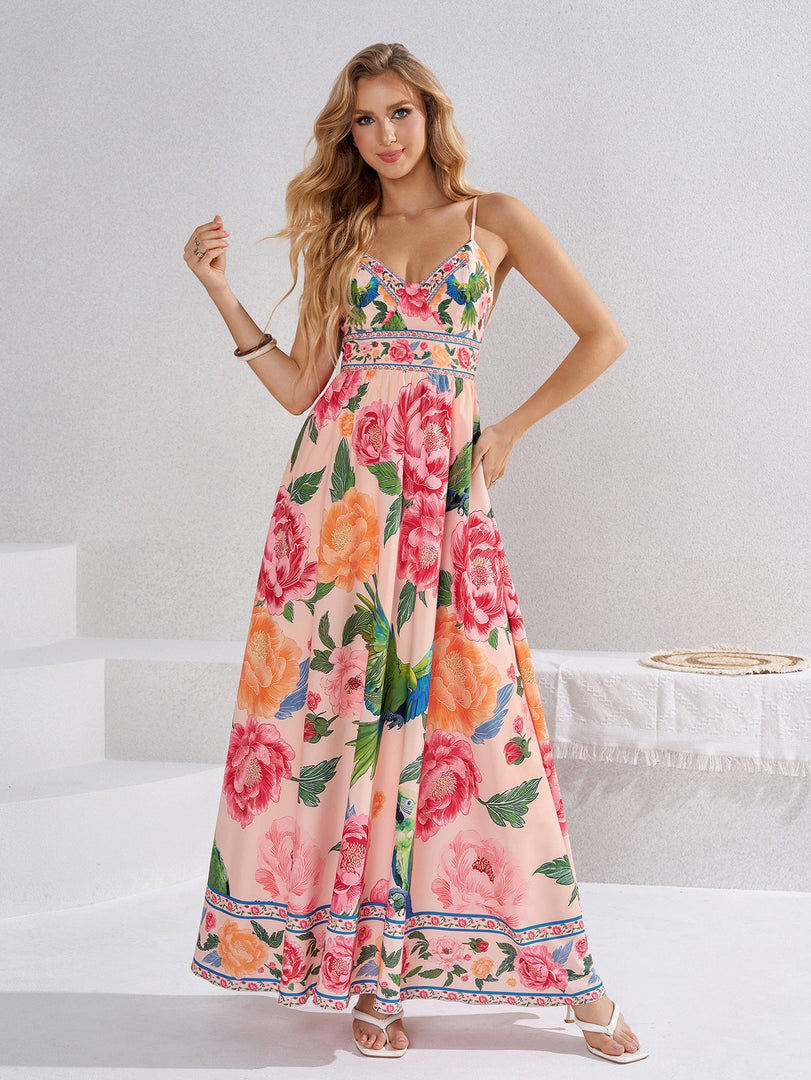 Deep V-Neck Tie Back Floral Print Cami Dress | Vacation Dress, Wedding Guest Dress
